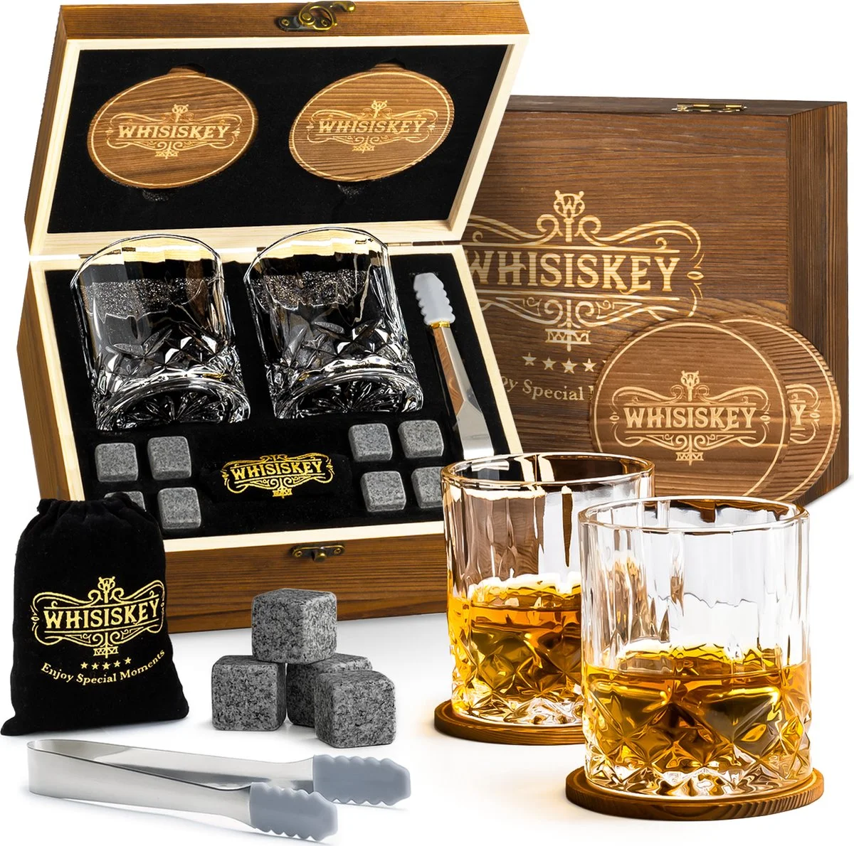 Whisiskey Luxe Whiskey Set - Incl. 2 Whiskey Glazen 300 ml, 8 Whiskey Stones, 2 Onderzetters, Fluwelen Opbergzak, Opberg