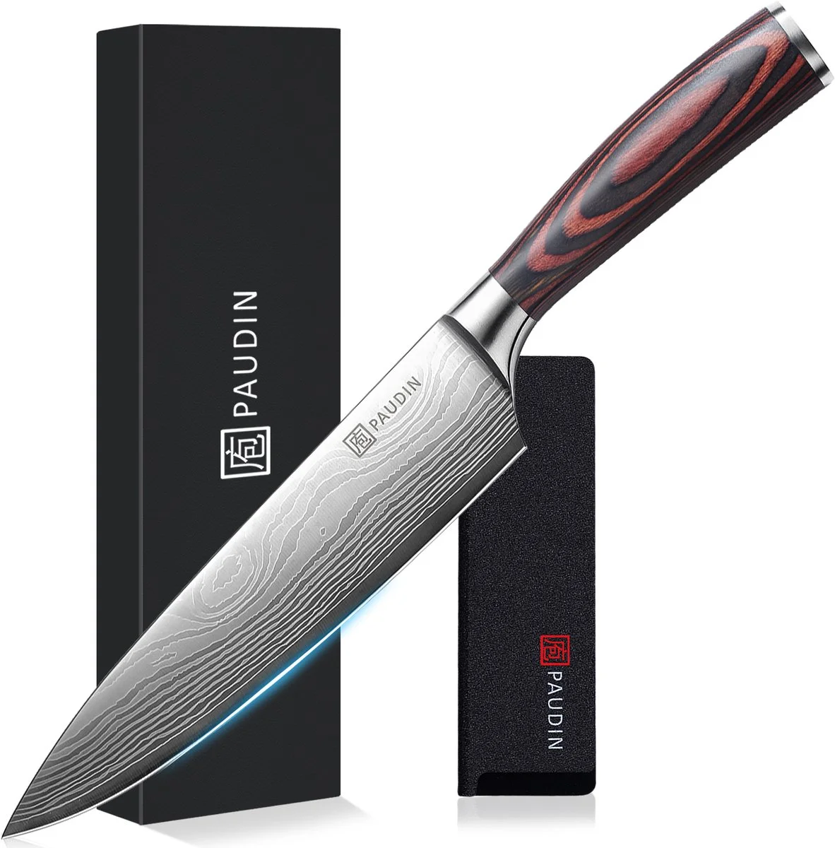PAUDIN N1 Koksmes - Vlijmscherp Keukenmes - 20 cm Lemmet - Professioneel Japans Mes - Vleesmes - Damascus Patroon - Incl
