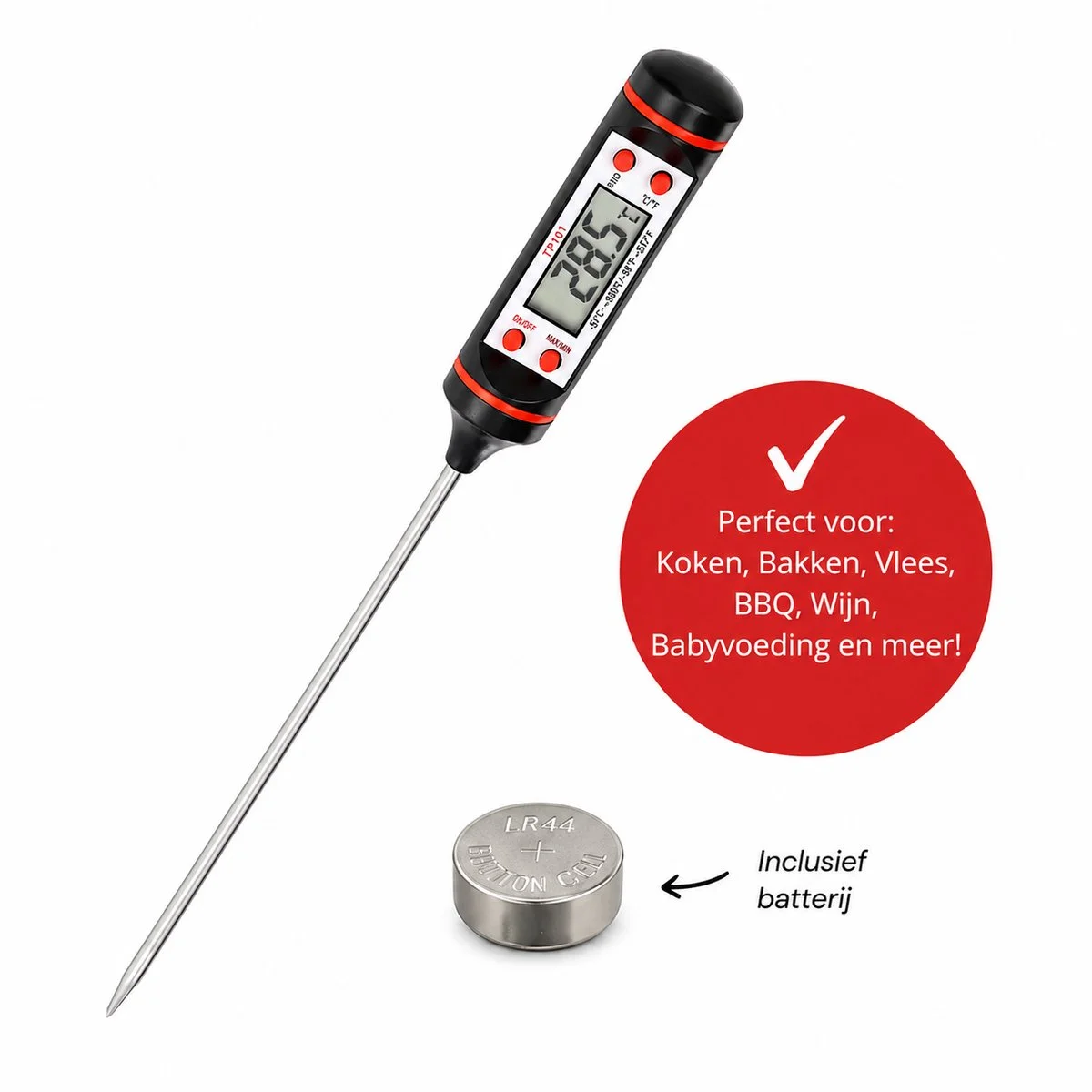 ZoeZo Design - Thermometer FT101 - Keuken Thermometer - RVS - Voedsel Melk, Vlees, BBQ, Water - Zwart - Rood - Voedselth
