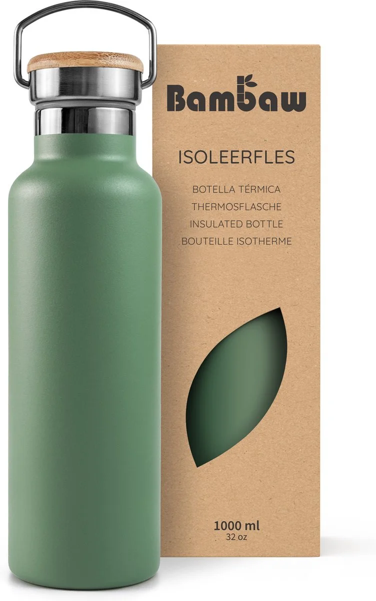 Bambaw® 1 Liter RVS Thermosfles - Isoleerfles, Dubbelwandig, Lekvrijen, loodvrij en Plasticvrij Geïsoleerde Fles met Bam