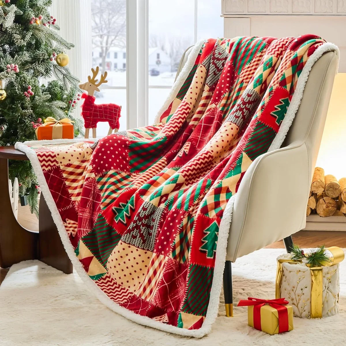 Kerst Dekentje - Sherpa Fleece Winter Deken - Pluizig Zacht Crème Knuffeldeken - Voor Bank en Bed - Luxe Kerstcadeau voo