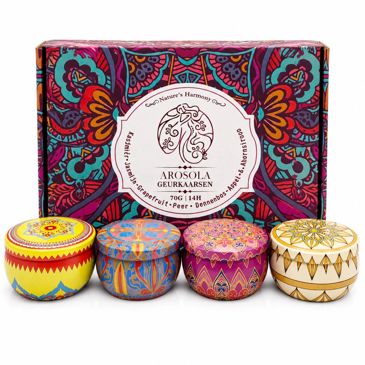 Arosola® Nature’s Harmony Geurkaarsen Set - 4 stuks - 4 Luxe natuurlijke geuren - 50 Branduren - Cadeaudoos
