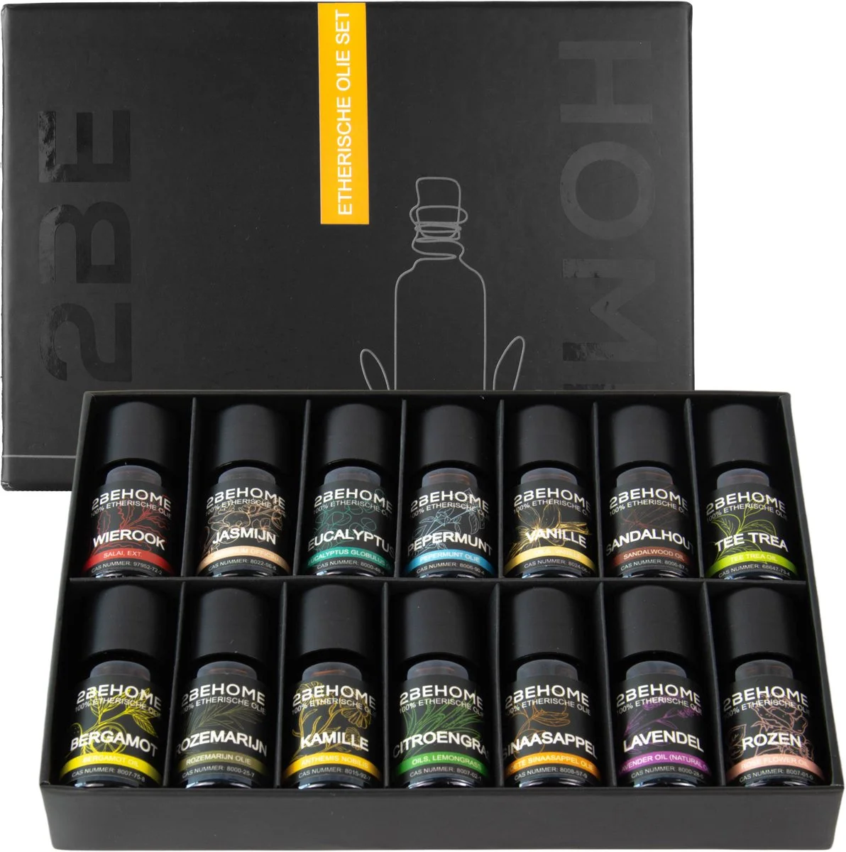 2BEHOME Etherische Olie Set - 14 Geuren - Lavendel, Vanille, Eucalyptus en meer - Essentiële olie voor Aromatherapie - E