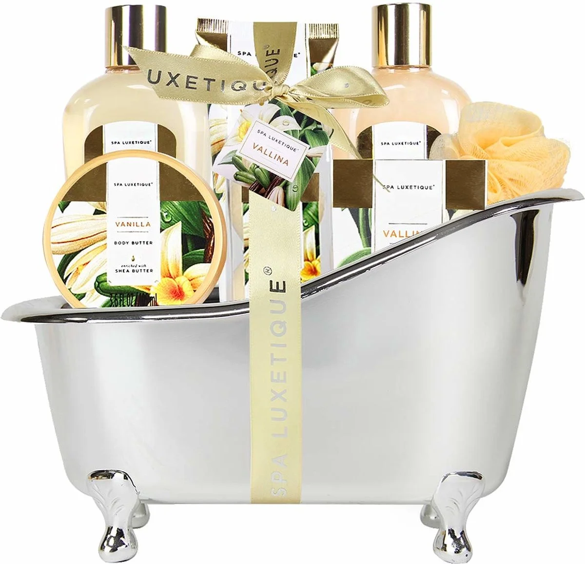 Spa Luxetique - Vanilla Gold - Geschenkset Vrouwen - Verwenpakket Dames - Cadeaupakket in zilveren badkuip - wellness ba
