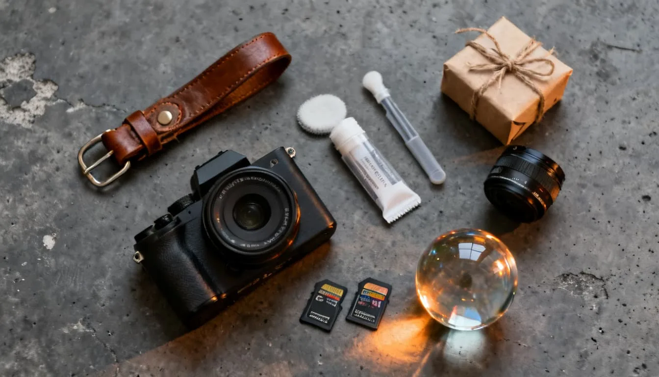 cadeaus voor fotograaf met camera-accessoires op een tafel