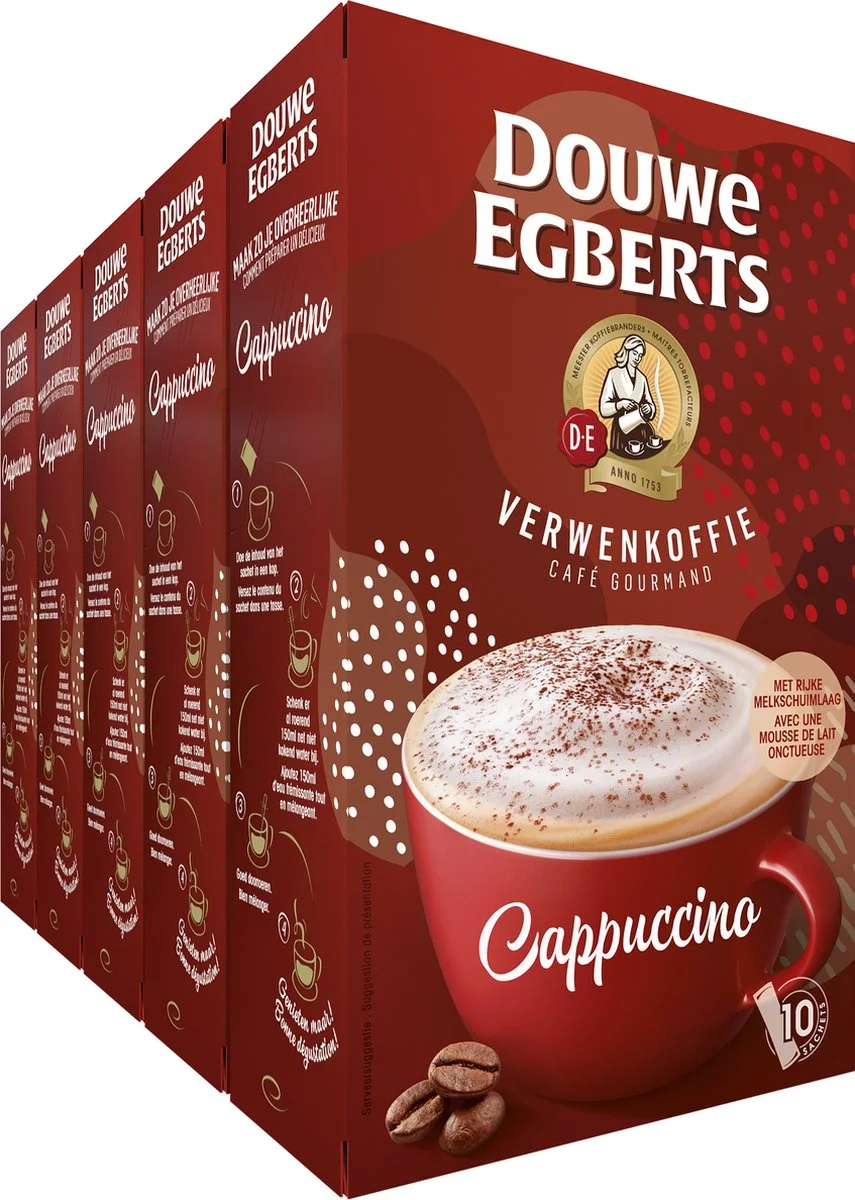 Douwe Egberts Verwenkoffie Cappuccino Oploskoffie - 5 x 10 zakjes