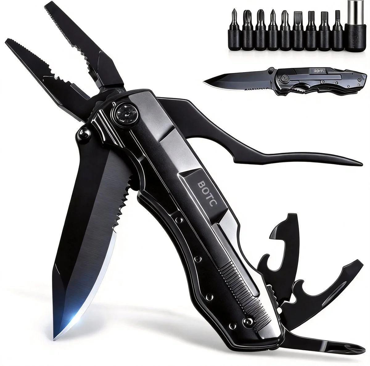 BOTC Multitool Zakmes - 14-in-1 Multitool - Blikopener / Flesopener / 9 verwisselbare schroeven / Draagetui - Survival -