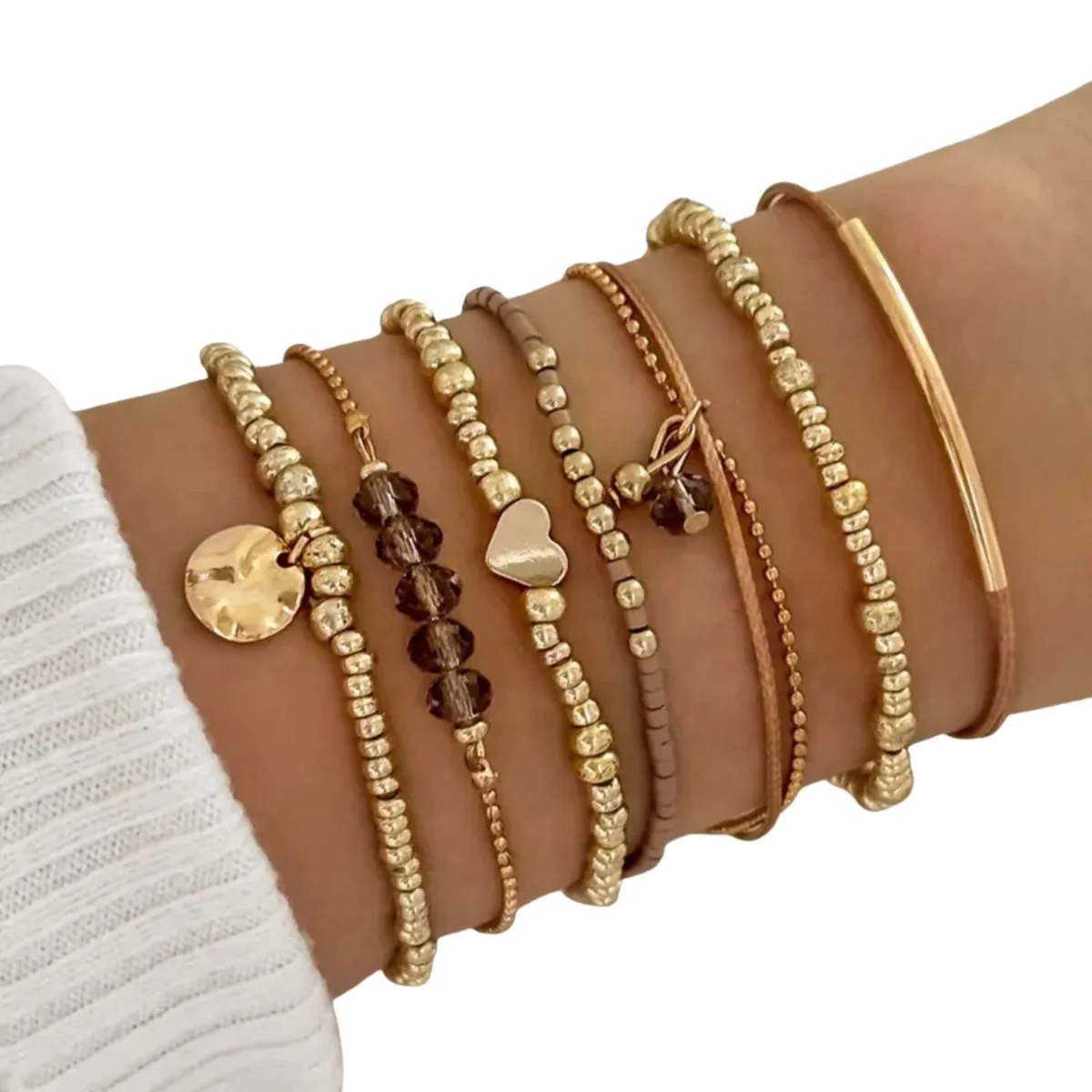 Armbanden Set Dames - 7 Delige Bohemian Sieraden Set - Goudkleurige Elastische Armbanden - Trendy & Comfortabel - P
