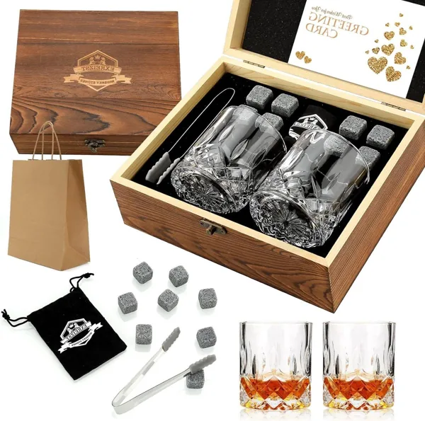 Whiskystenen & glazen cadeauset in houten kist
