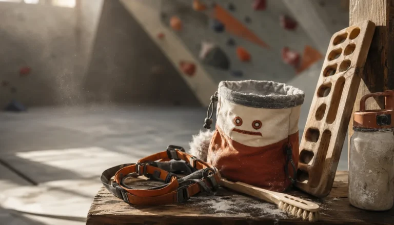 Cadeau voor klimmer met pofzak en hangboard in de klimhal