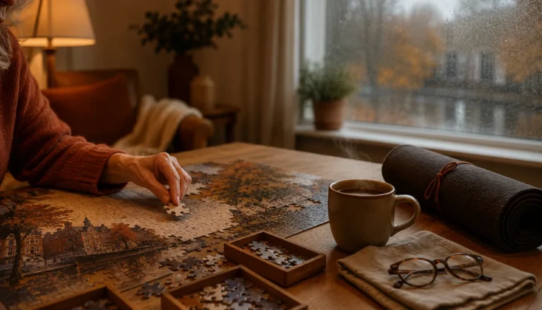 Cadeau voor puzzelliefhebber met legpuzzel en puzzelmat op tafel