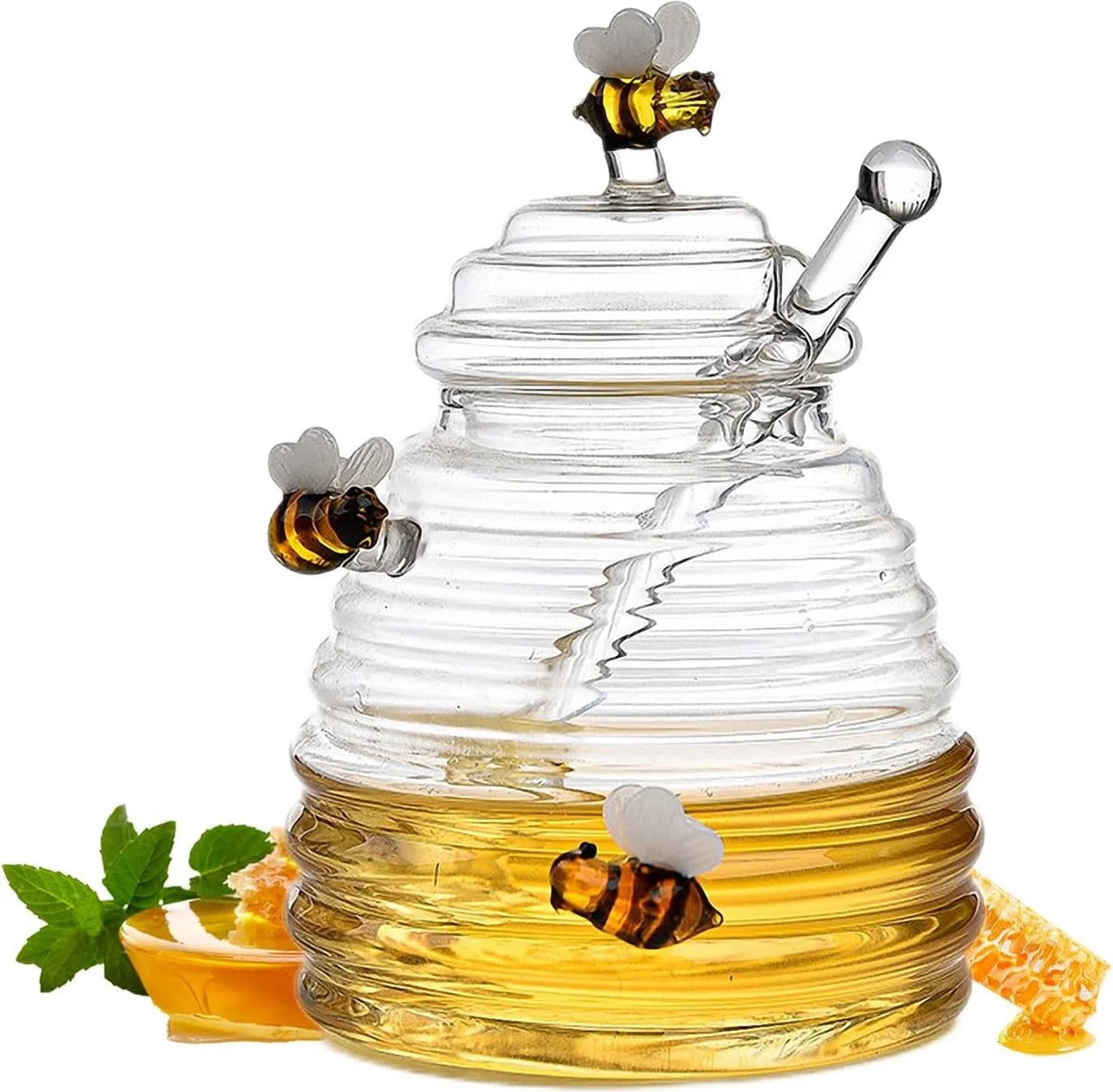 Glazen honingpot met bijendecoratie en dipper