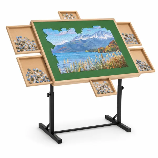 Verrijdbare houten puzzeltafel met zes lades en kantelbaar blad