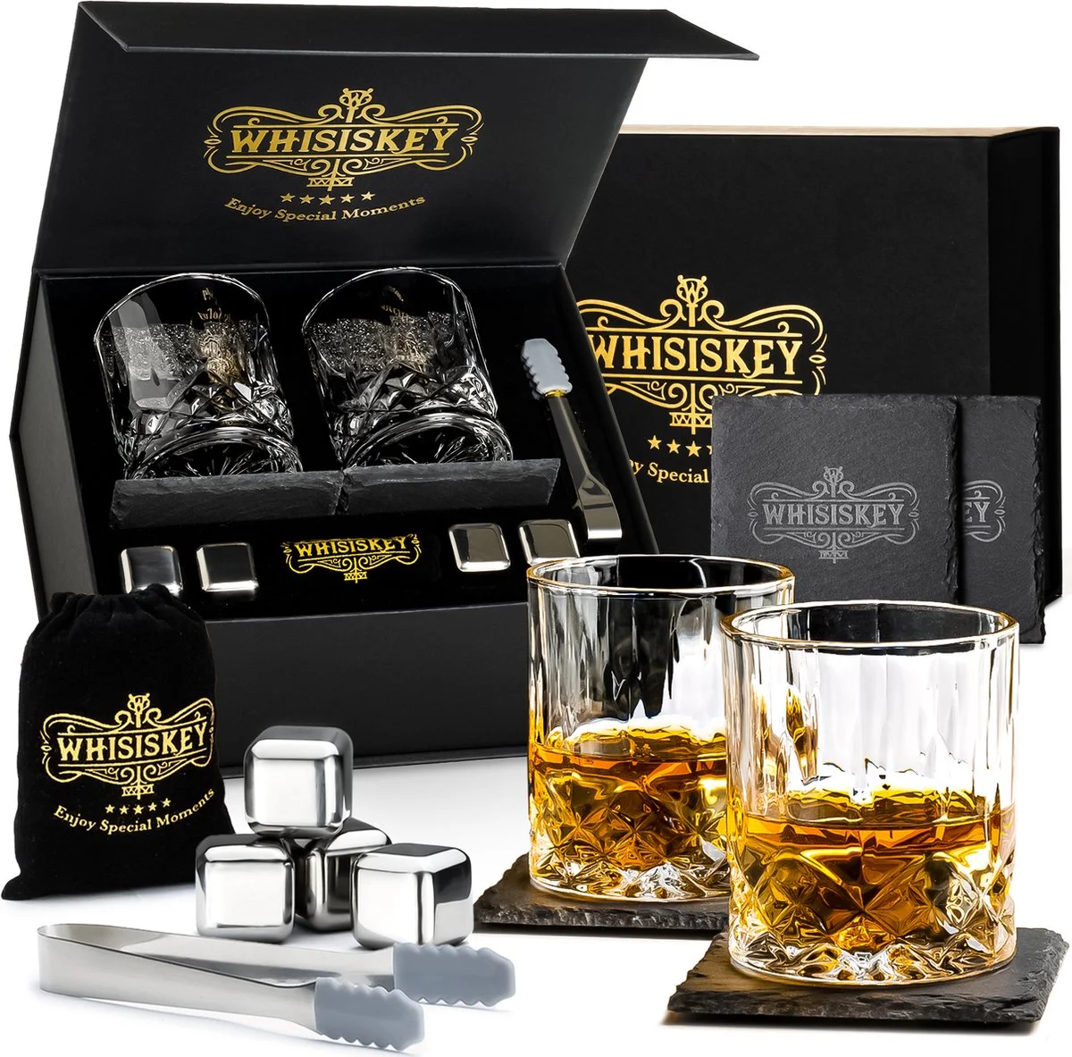 Whisiskey luxe whiskey set met glazen en stones