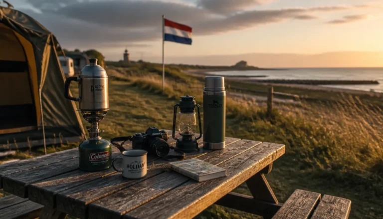 Cadeau voor kampeerder: kampeeruitrusting bij gouden avondlicht