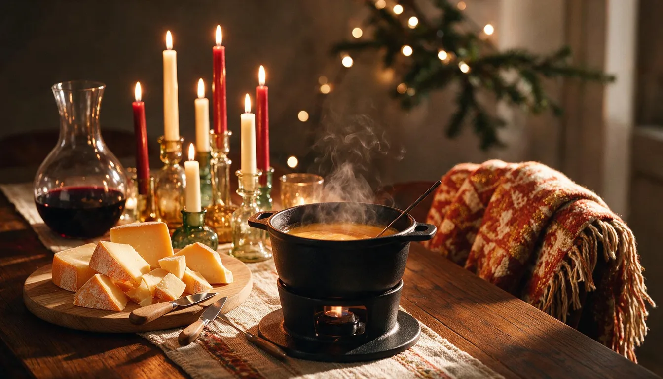Origineel kerstcadeau: fondueset en kaasplank op de kersttafel
