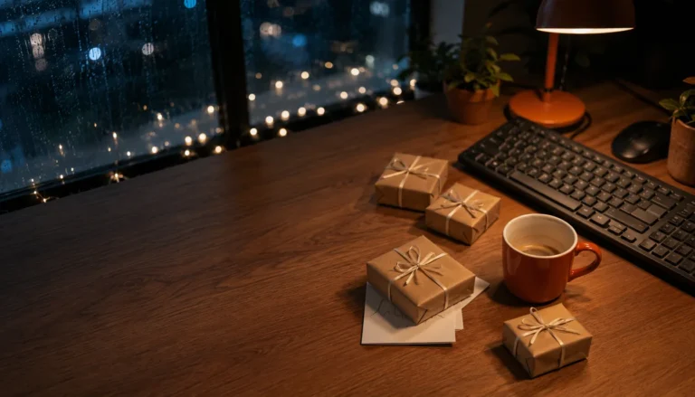 Secret santa cadeaus tot 10 euro op een bureau