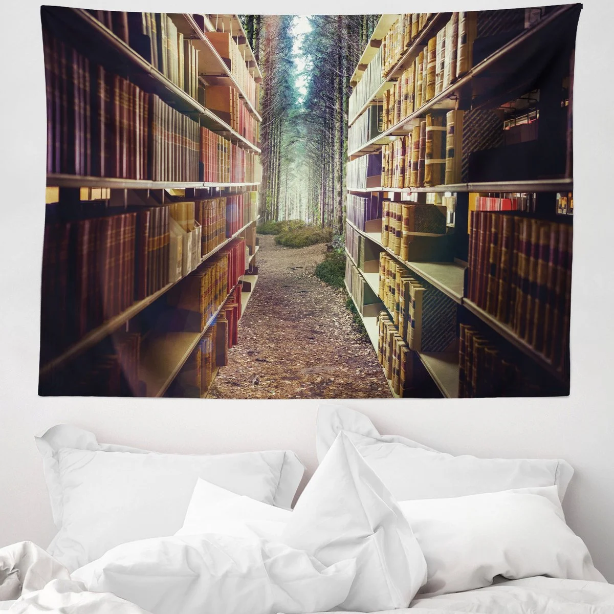 Wandtapijt met bibliotheek print als cadeau voor boekenliefhebber