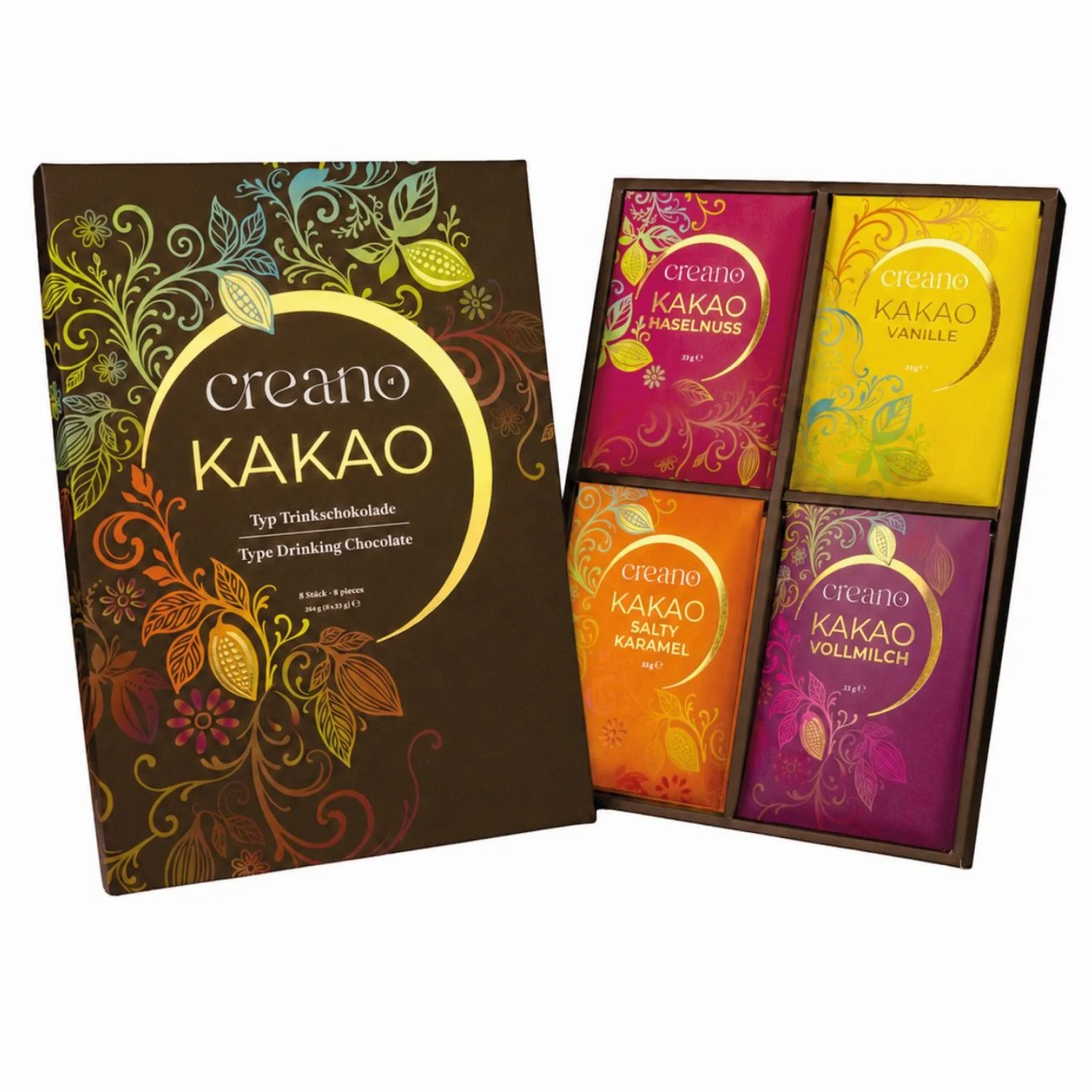 Creano cacao cadeauset met 8 zakjes drinkchocolade als cadeau voor een chocoladeliefhebber