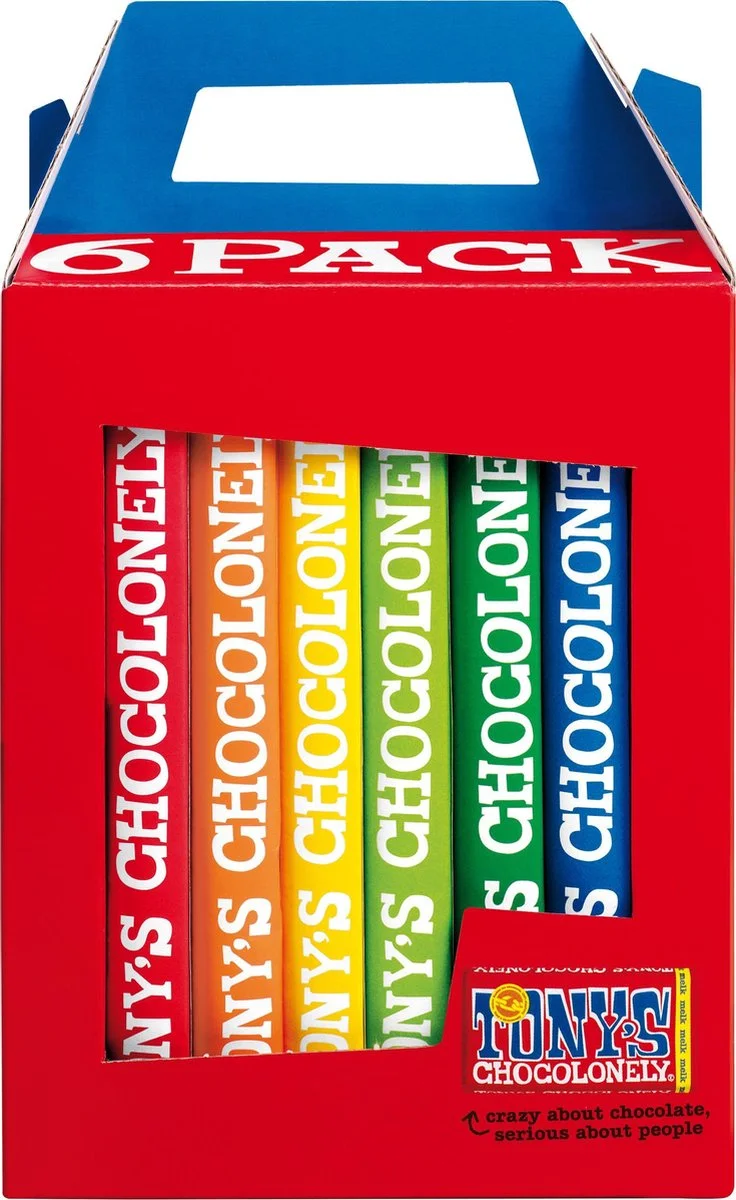 Tony's Chocolonely geschenkdoos met 6 chocoladerepen als cadeau voor een chocoladeliefhebber