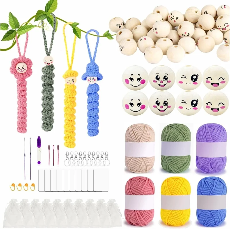 Haaknaalden Set voor Beginners met 6 Haaknaalden, 25 g Garens, 40 Houten Kralen en Haakpatronen voor Kinderen 