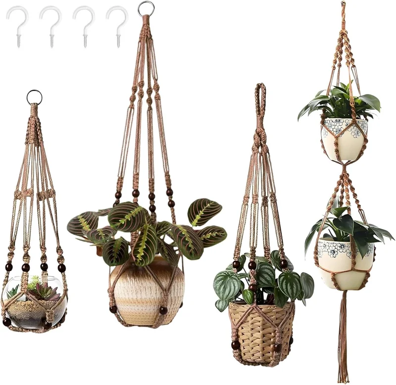 4‑Stuks Macramé Plantenhanger Set‑ Katoen Geweven Hangmand voor Planten‑ Inclusief Haken‑ Boho Decoratie voor