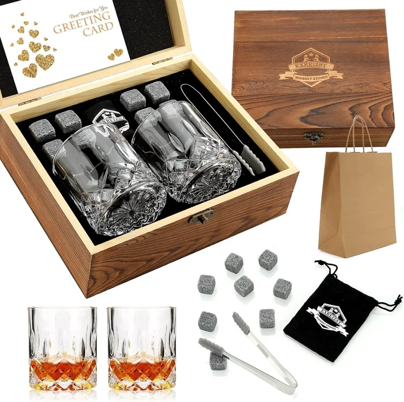 Whiskystenen en glazen cadeauset, whiskystenen Koelstenen in handgemaakte houten kist - Koele drankjes zonder 