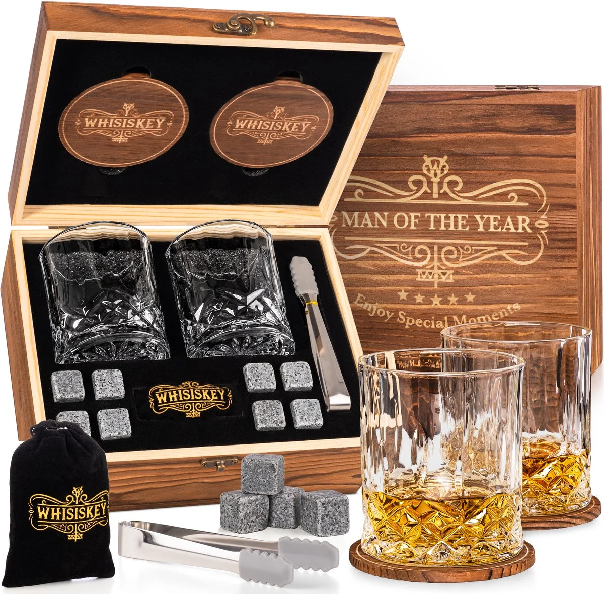Whisiskey Luxe Whiskey Set Man of the Year - Incl. 2 Whiskey Glazen 300ML, 8 Whiskey Stones, 2 Onderzetters, F