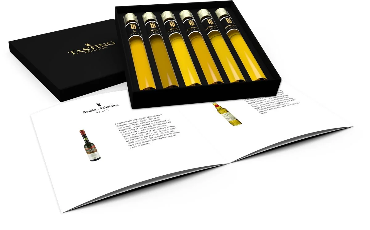 Olijfolie proeverij met 6 tubes in cadeaubox als kerstcadeau voor schoonouders
